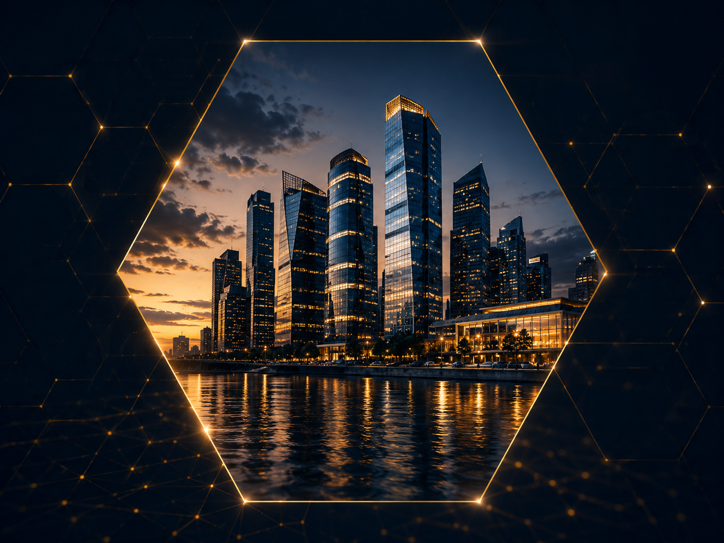 City skyline inside honeycomb frame
